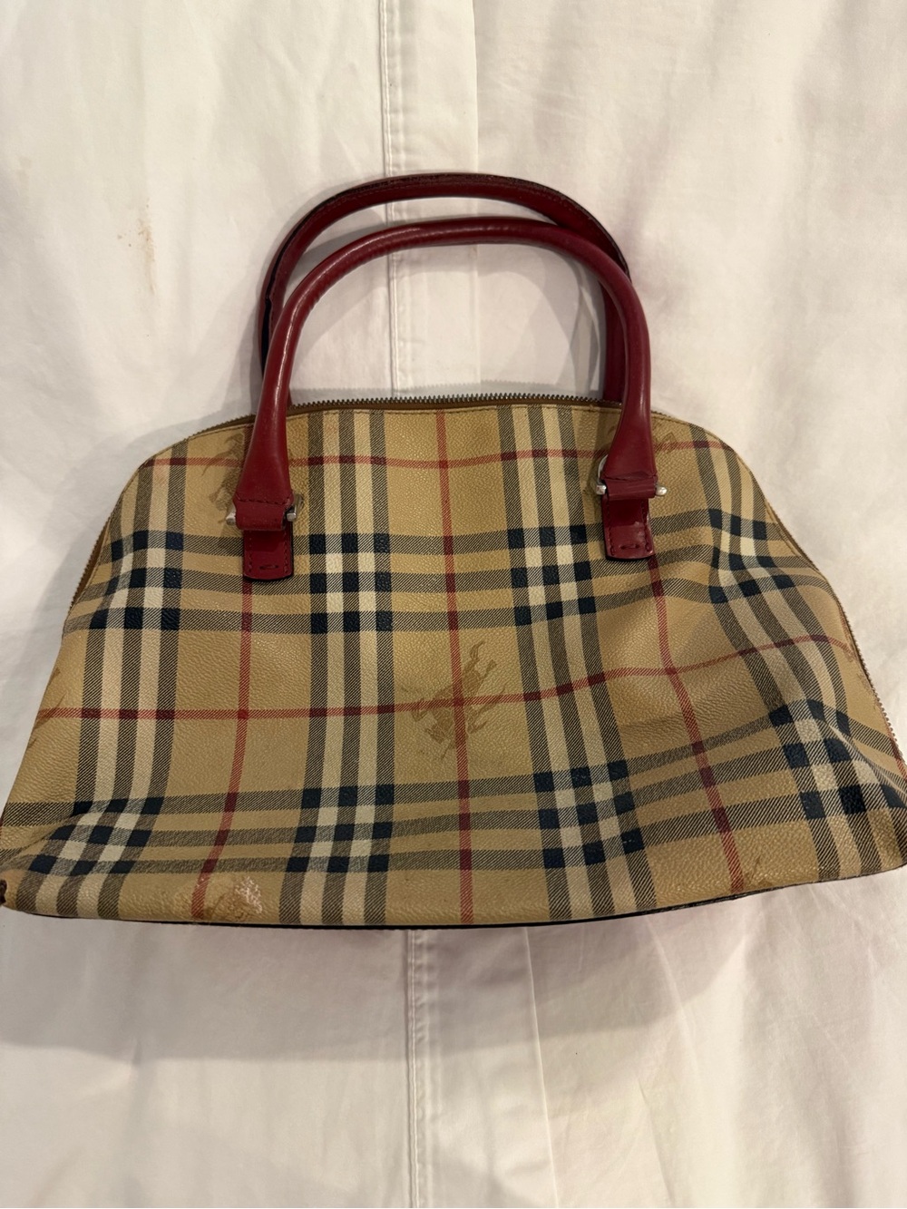 Burberry Beige Plaid Satchel with Red Handles